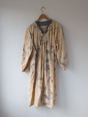 Lightweight Cotton Ruffle Robe Beige & Slate Blue Pattern Tie Front Large